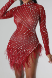 Red Sexy Patchwork Tassel Half A Turtleneck One-piece Suits Dresses