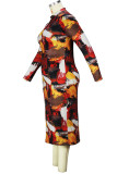 Red Yellow Fashion Print Patchwork Half A Turtleneck One Step Skirt Plus Size Dresses