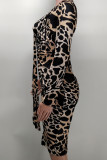 Estampado de leopardo Estampado sexy Estampado de leopardo Pliegue con escote en V Vestidos con falda lápiz