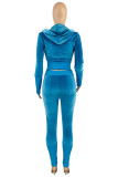 Ljusblå Mode Casual Solid Cardigan Byxor Hood Collar Långärmad Två delar