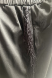 Gola de retalhos preto casual borla sólida de retalhos manga longa três peças