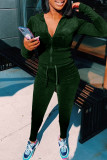 Groene Mode Casual Solid Cardigan Broek Hooded Kraag Lange Mouw Twee Stukken