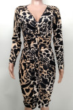 Estampado de leopardo Estampado sexy Estampado de leopardo Pliegue con escote en V Vestidos con falda lápiz