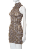 Marrón sexy patchwork geométrico medio cuello alto lápiz falda vestidos