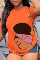オレンジファッションヴィンテージプリントパッチワークOネックTシャツ