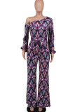 Purple Casual Sweet Print Patchwork Oblique Collar Straight Jumpsuits