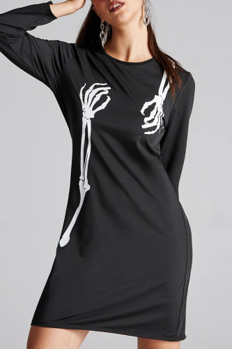 Black White Casual Street Skull Print O Neck Long Sleeve Straight Mini Dresses