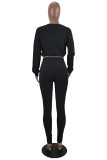 Black Fashion Casual Letter Embroidery Patchwork O Neck Long Sleeve Two Pieces