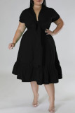 Zwart casual effen patchwork vouw met strik V-hals A-lijn plus size jurken