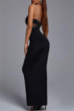 ブラック ファッション セクシー フォーマル パッチワーク バックレス スパゲッティ ストラップ ワンステップ スカート ドレス