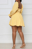 Gele sexy geruite print uitgeholde patchwork V-hals A-lijn jurken