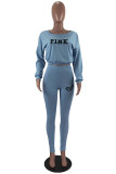 Light Blue Fashion Casual Letter Embroidery Patchwork O Neck Long Sleeve Two Pieces
