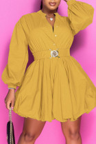 Amarillo moda casual patchwork sólido hebilla doblar cuello mandarín una línea de vestidos