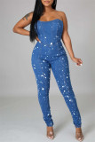 Die Cowboy Blue Fashion Sexy Print Patchwork Backless Strapless Skinny Jumpsuits