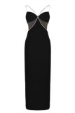 Schwarze Art und Weise reizvolle formale Patchwork-rückenfreie Spaghetti-Bügel-ein Schritt-Rock-Kleider