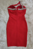 Röd sexig formellt lapptäcke urholkad aftonklänning med sned krage