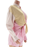 Pink Casual Striped Print Patchwork Buckle Turndown Collar Long Sleeve Two Pieces