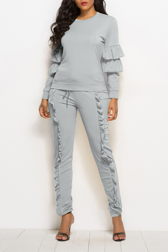 Grey Fashion Solid Flounce O Neck Long Sleeve Two Pieces