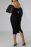 ブラック ファッション セクシー ソリッド パッチワーク バックレス フォールド オフ ショルダー ペンシル スカート ドレス