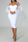 ホワイト ファッション セクシー ソリッド パッチワーク バックレス フォールド オフ ショルダー ペンシル スカート ドレス