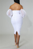 Blanco moda sexy sólido patchwork espalda descubierta pliegue del hombro lápiz falda vestidos