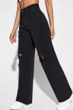 Zwarte mode casual effen gescheurde rechte jeans met hoge taille en hoge taille
