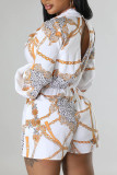 Macacão reto branco moda casual estampado patchwork gola assimétrica