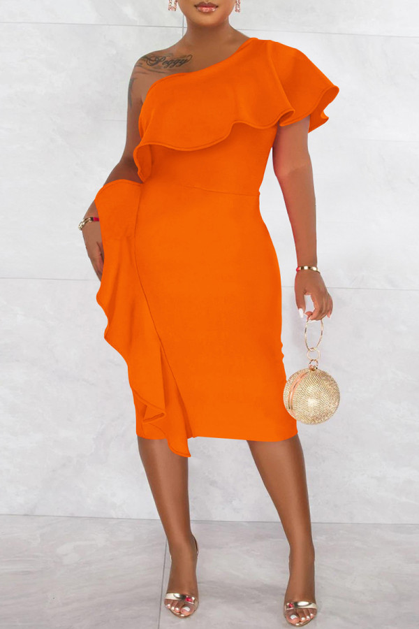 Orange Fashion Casual Solid Patchwork Backless Schrägkragen One Step Rock Kleider