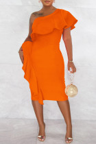 オレンジ ファッション カジュアル 無地 パッチワーク バックレス 斜め襟 ワンステップ スカート ドレス