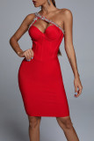 Red Sexy Formal Patchwork Hollowed Out Oblique Collar Evening Dress Dresses