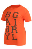 Vestido de camiseta laranja com estampa casual patchwork O decote vestidos plus size