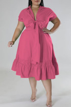 Pliegue de retazos sólido informal rosa rojo con lazo cuello en V una línea vestidos de talla grande