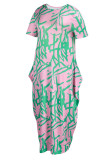 Розовое модное повседневное длинное платье с принтом в стиле пэчворк и круглым вырезом Платья больших размеров