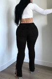Schwarze, lässige, solide Patchwork-Jeans mit hoher Taille und hoher Taille