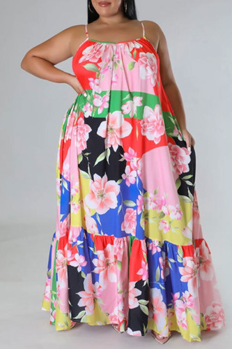 Pink Sexy Print Patchwork Spaghetti Strap Sling Dress Plus Size Dresses