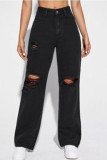 Svart Mode Casual Solid Ripped hög midja raka jeans