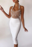 Белое модное сексуальное лоскутное платье без рукавов с открытой спиной и бисером
