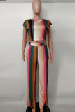 Многоцветный модный повседневный полосатый принт с бинтами в стиле пэчворк с круглым вырезом и коротким рукавом из двух частей