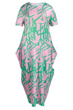 Roze mode casual print patchwork O-hals lange jurk Grote maten jurken
