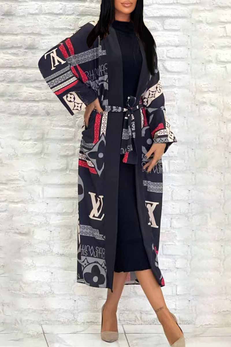 

Red Fashion Casual Print Patchwork Letter With Belt Cardigan Collar Outerwear