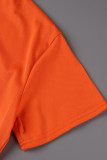 オレンジ カジュアル プリント パッチワーク O ネック Tシャツ ドレス プラス サイズのドレス