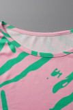 ピンク ファッション カジュアル プリント パッチワーク O ネック ロング ドレス プラス サイズ ドレス