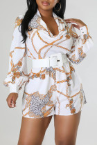 White Fashion Casual Print Patchwork Asymmetrical Collar Straight Rompers