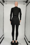 ブラックファッションカジュアルソリッドスリットOネック長袖ツーピース