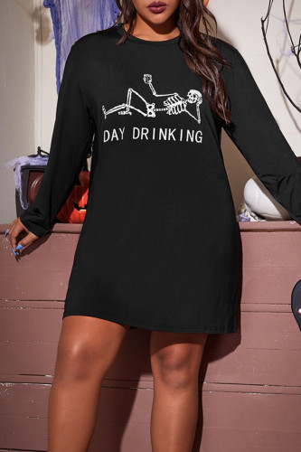 Black Casual Street Skull Print O Neck Long Sleeve Straight Mini Dresses