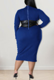 Blue Fashion Sexy Solid Patchwork O Neck One Step Skirt Plus Size Dresses