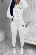 ホワイト カジュアル プリント パッチワーク フード付き 襟 長袖 XNUMXピース