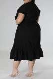Pliegue de patchwork sólido casual negro con lazo cuello en V una línea vestidos de talla grande