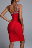 Rotes reizvolles formales Patchwork ausgehöhltes schräges Kragen-Abend-Kleid-Kleider