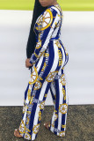 ブルー ファッション カジュアル プリント パッチワーク V ネック レギュラー ジャンプスーツ
